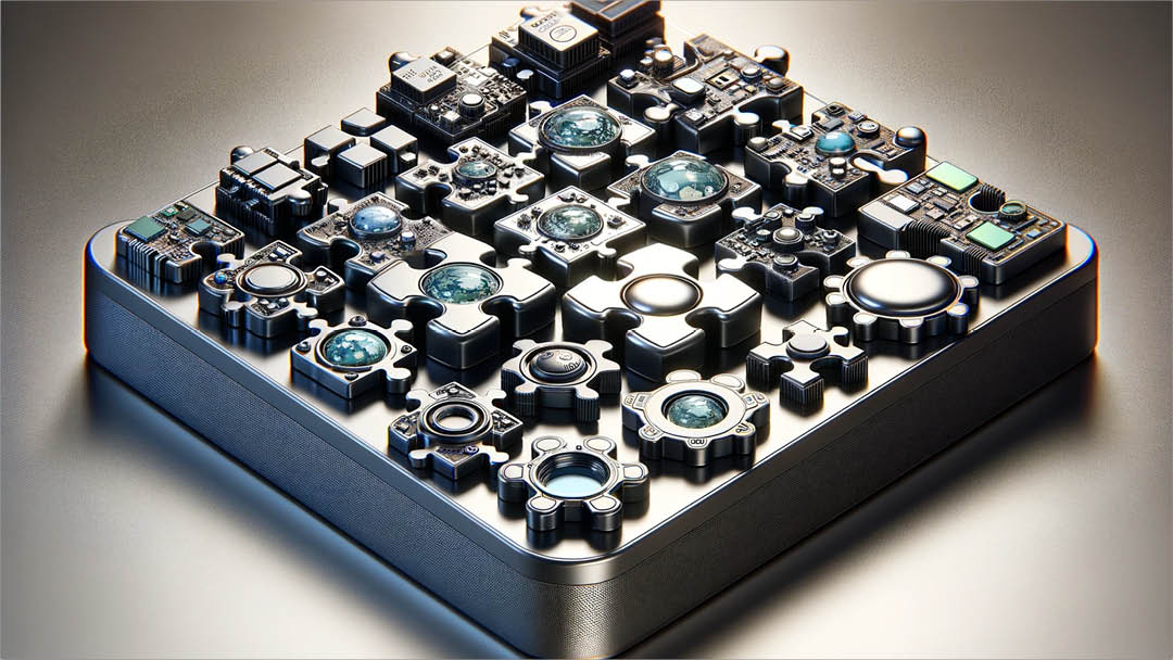 Close-up view of modular software components arranged in a grid, illustrating the complexity and precision of AUTOSAR architecture for digital cockpits.