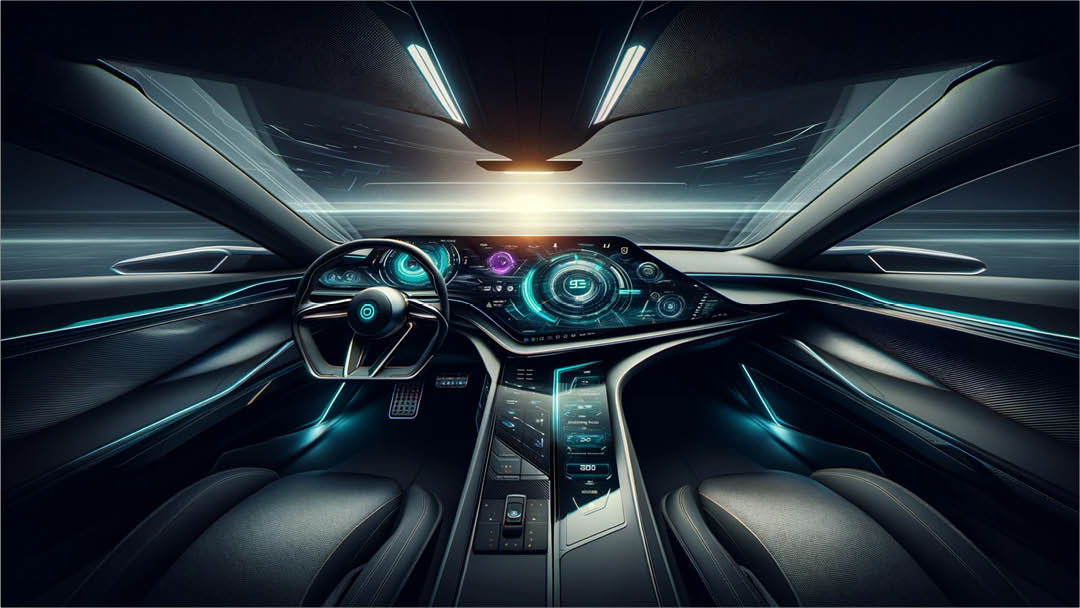 Futuristic digital cockpit with high-resolution displays and advanced HMI, illustrating the cutting-edge technology and seamless user interface in modern vehicles.
