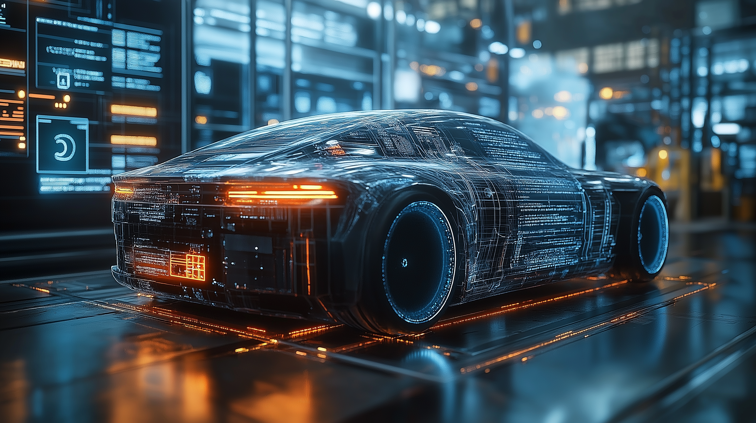 High-resolution image of a modern car in a virtual testing environment, displaying software validation, digital simulations, and agile testing methods used in automotive development. 