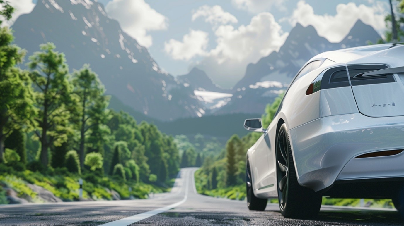 Photorealistic image of a modern electric car on a mountain road, illustrating sustainability in automotive software development. 